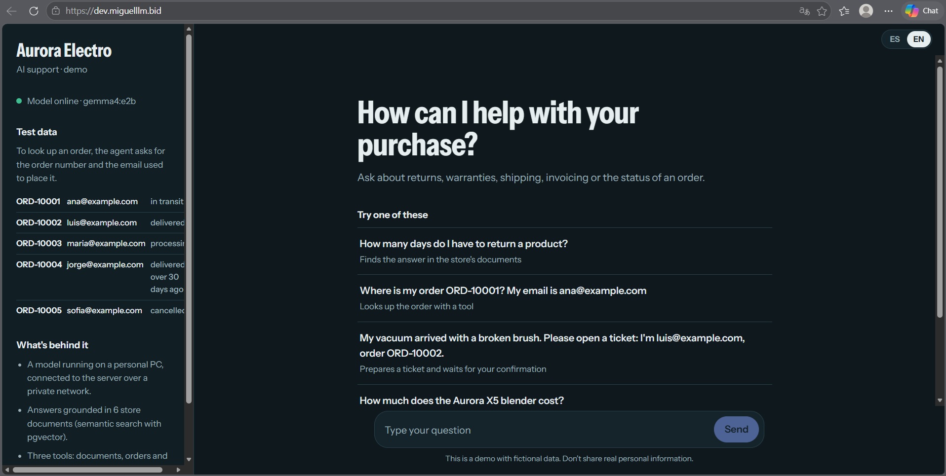 Aurora Electro AI support agent: chat interface with test data and suggested questions